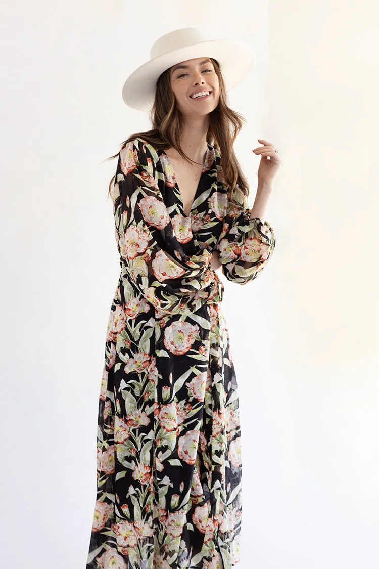 Black Floral Long Sleeve Dress with Tie