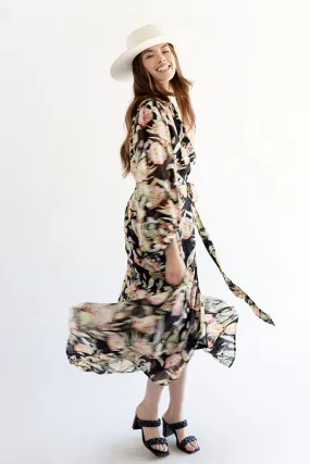 Black Floral Long Sleeve Dress with Tie