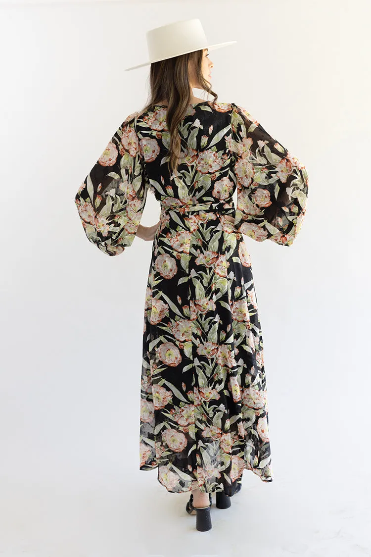 Black Floral Long Sleeve Dress with Tie