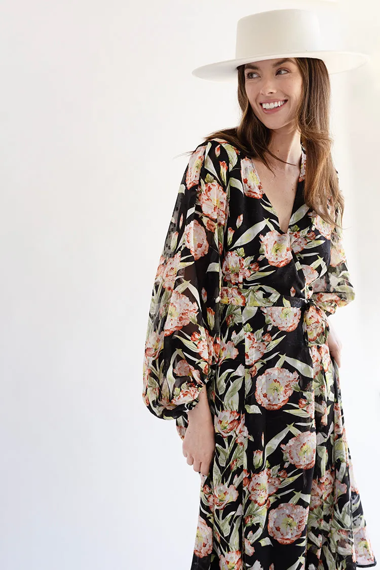 Black Floral Long Sleeve Dress with Tie