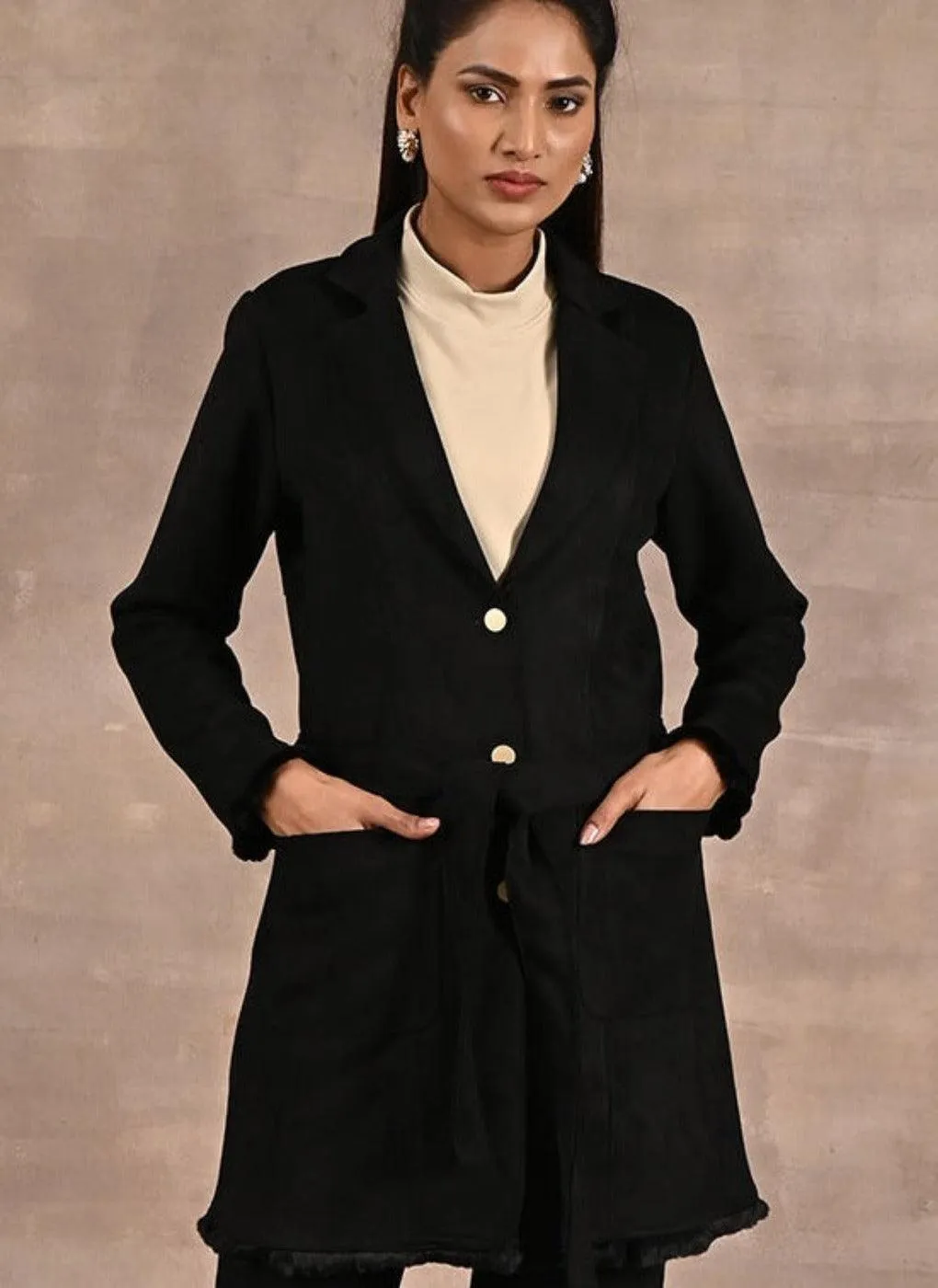 Black Long Belted Trench Coat with Fur Detailing