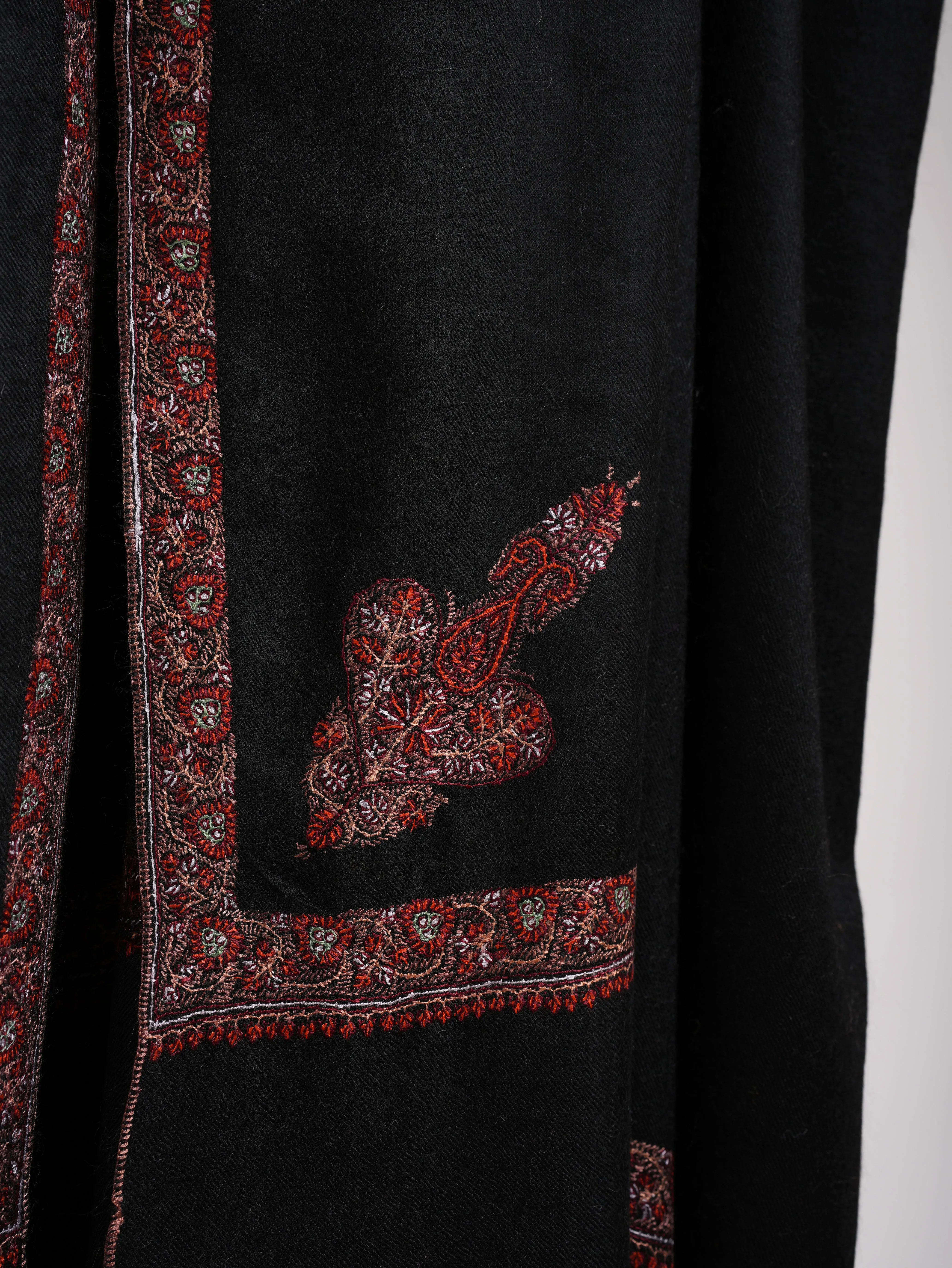 Black Original Pashmina Shawl in Sozni Embroidery