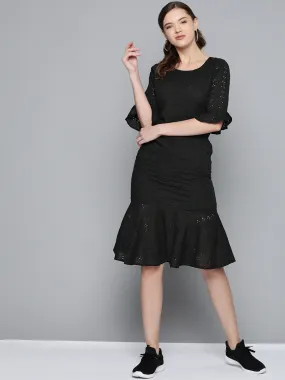 Black Schiffli Frill Hem Midi Dress