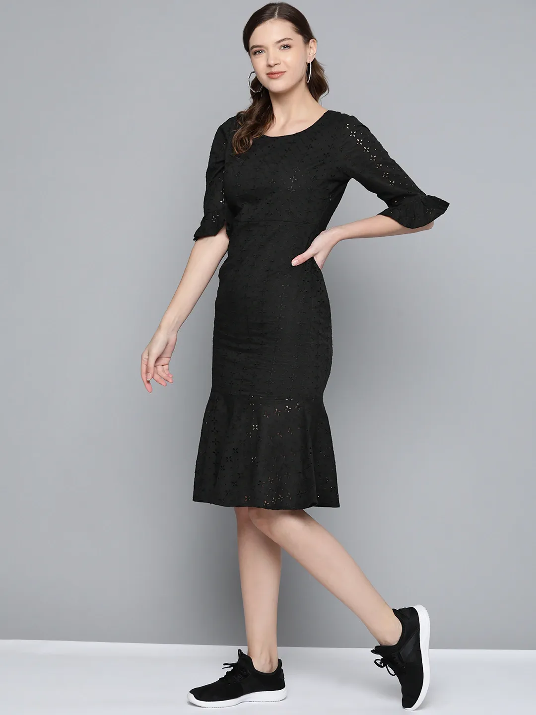 Black Schiffli Frill Hem Midi Dress