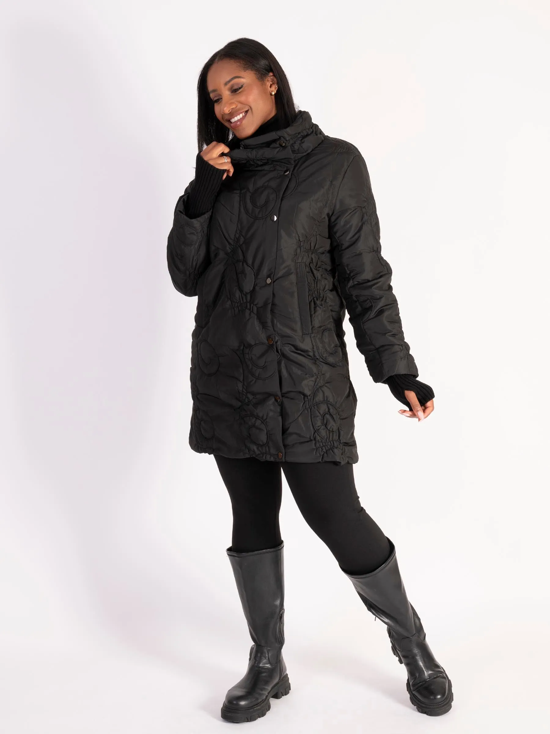 Black Swirl Embroidery Quilted Coat with Knitted Collar