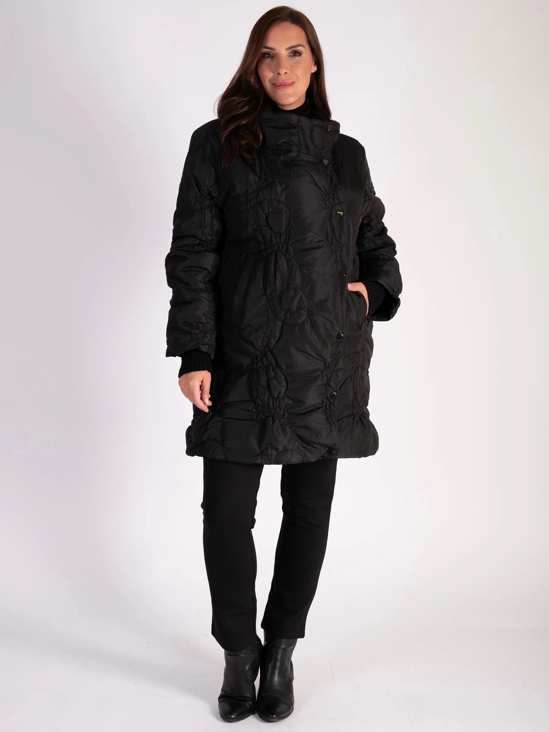 Black Swirl Embroidery Quilted Coat with Knitted Collar