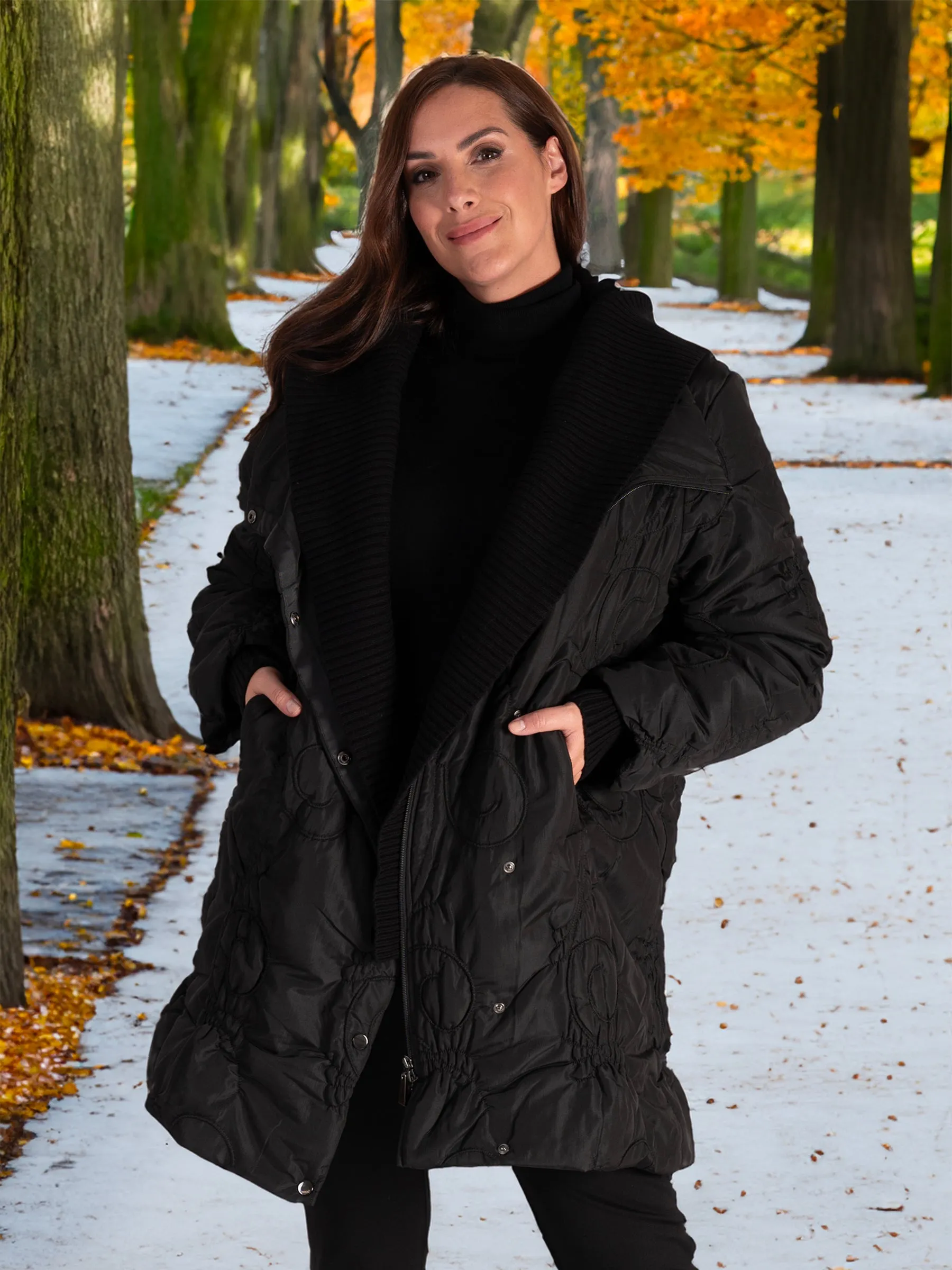 Black Swirl Embroidery Quilted Coat with Knitted Collar