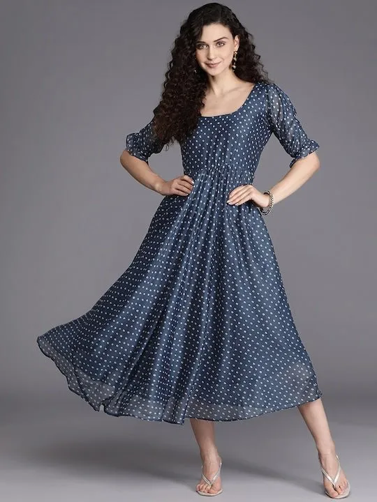 Blue & White Bandhani Printed Fit & Flare Midi Dress