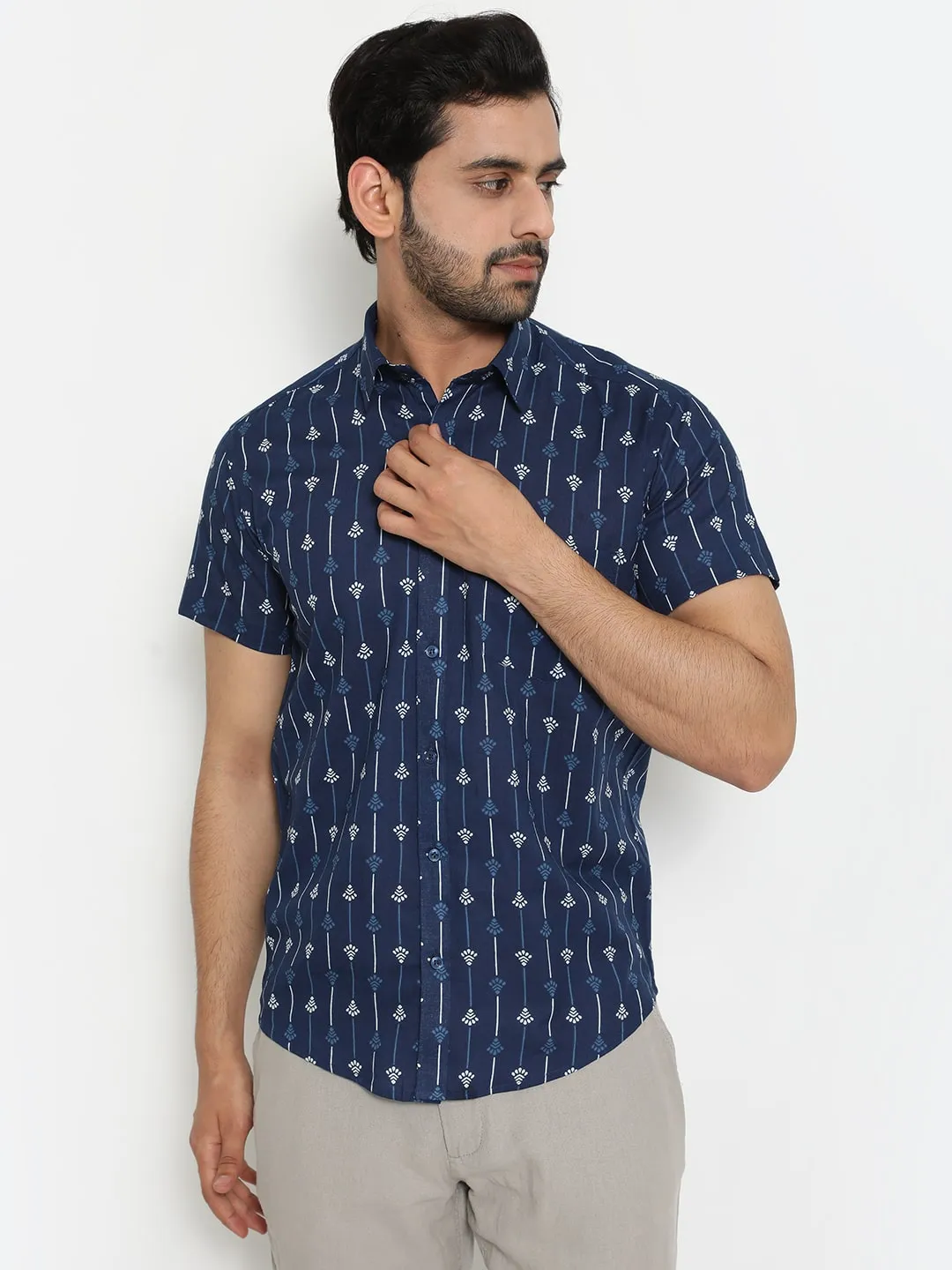 Blue Cotton Hand Block Printed Short Sleeve Shirt