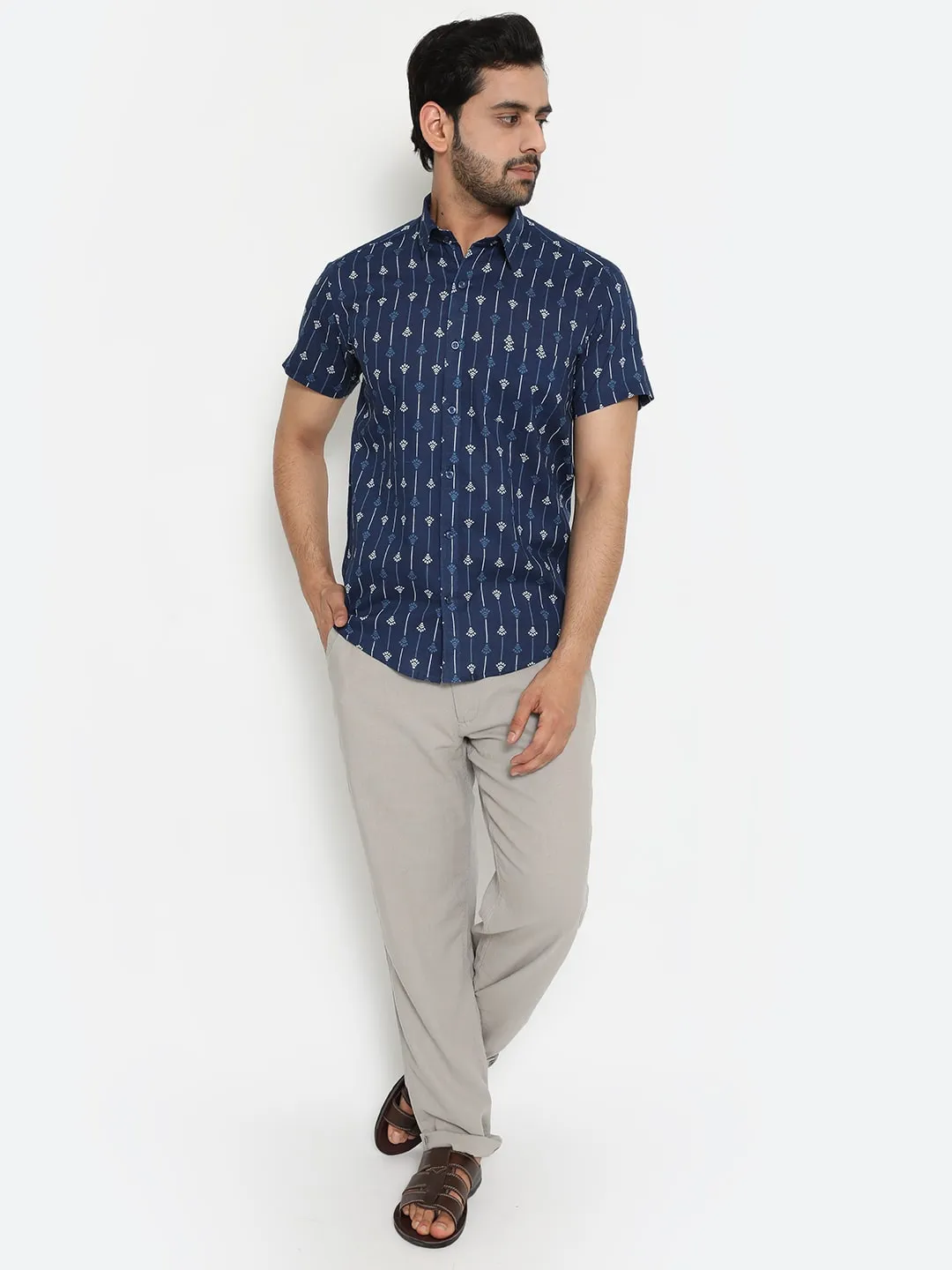 Blue Cotton Hand Block Printed Short Sleeve Shirt