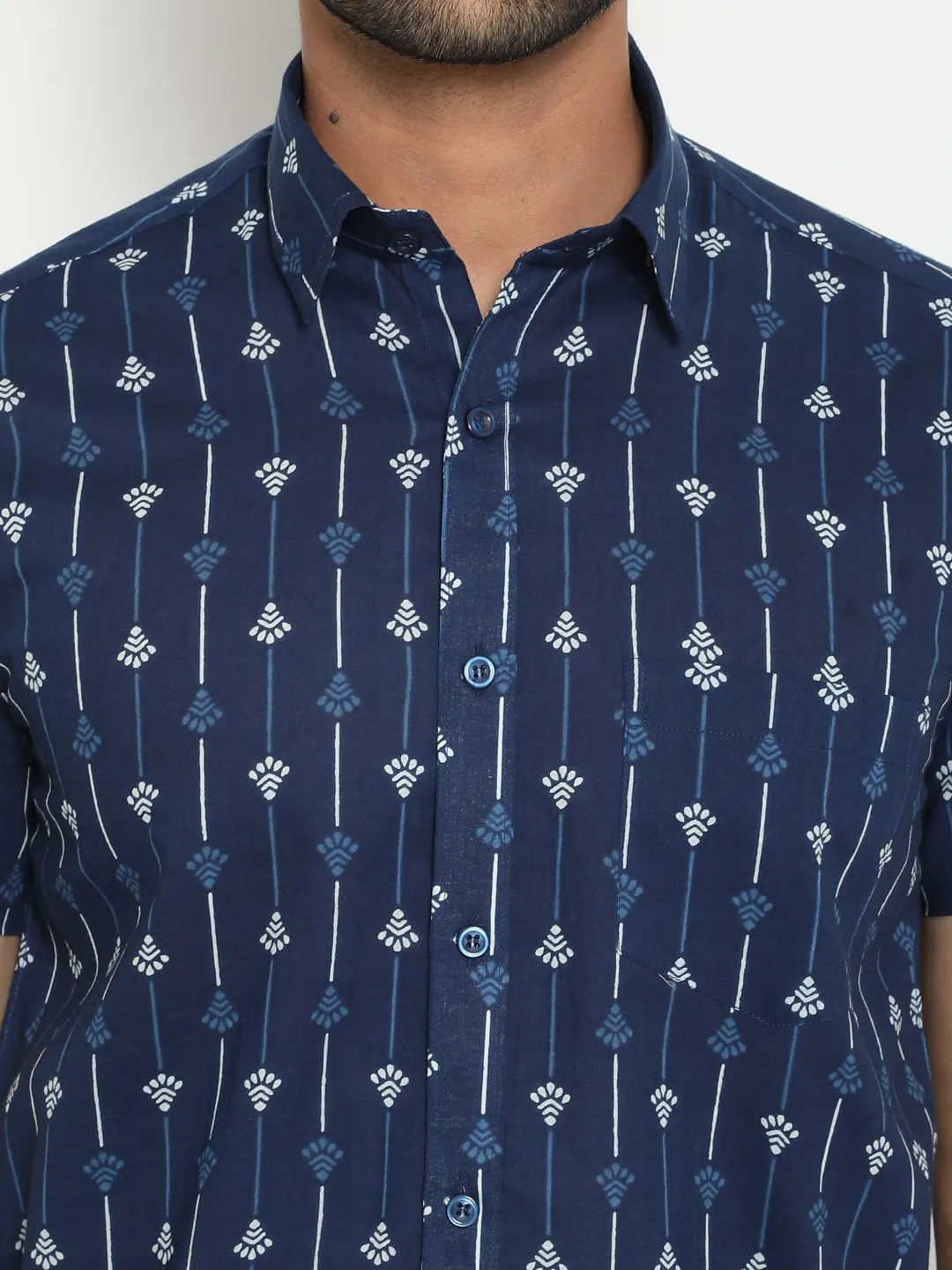 Blue Cotton Hand Block Printed Short Sleeve Shirt