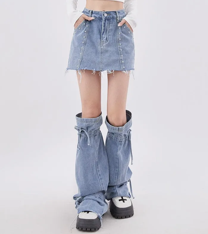 Blue Denim Y2K High Waist Skirt & Leg Warmers Two Piece