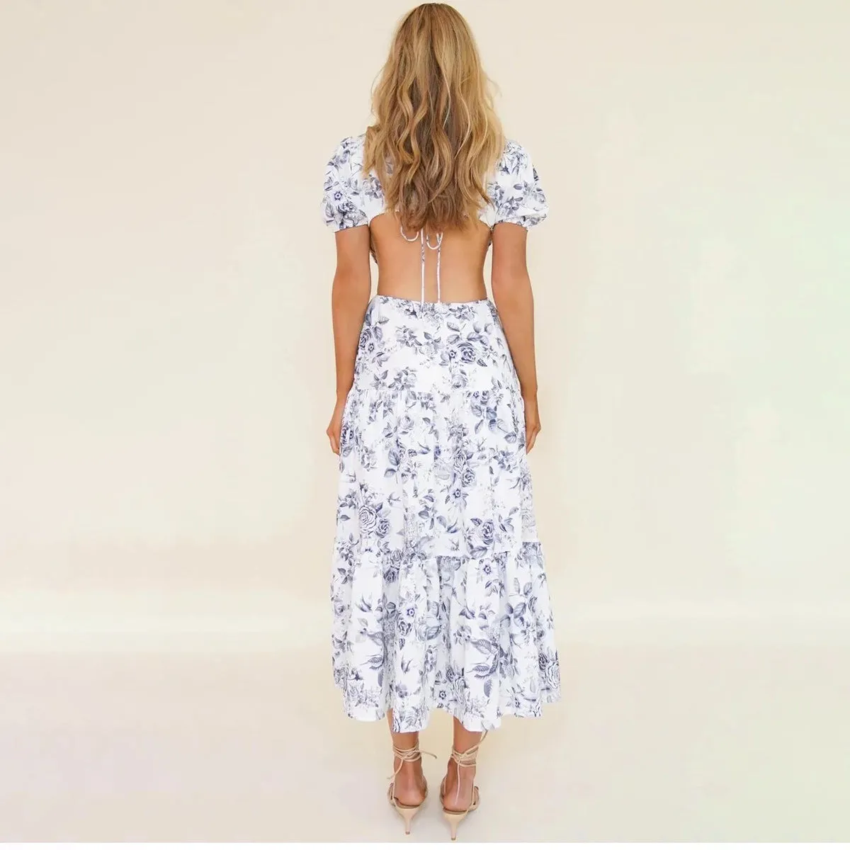 Blue Floral Print Cut Out Midi Backless Dress