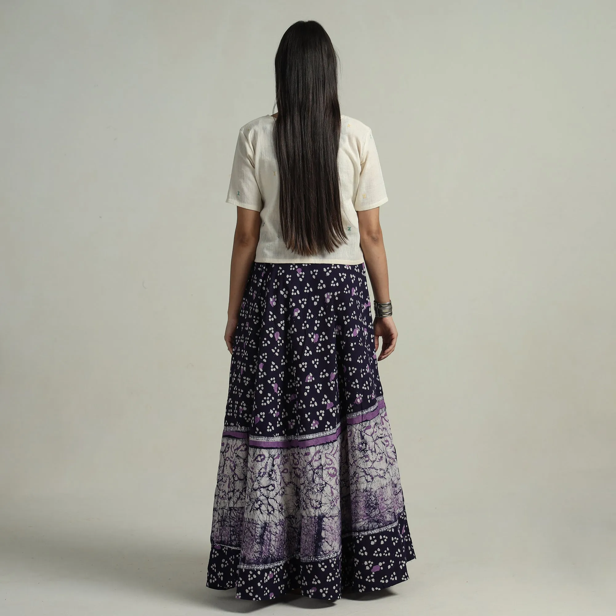 Blue - Hand Batik Printed Running Stitch Cotton Long Skirt 82