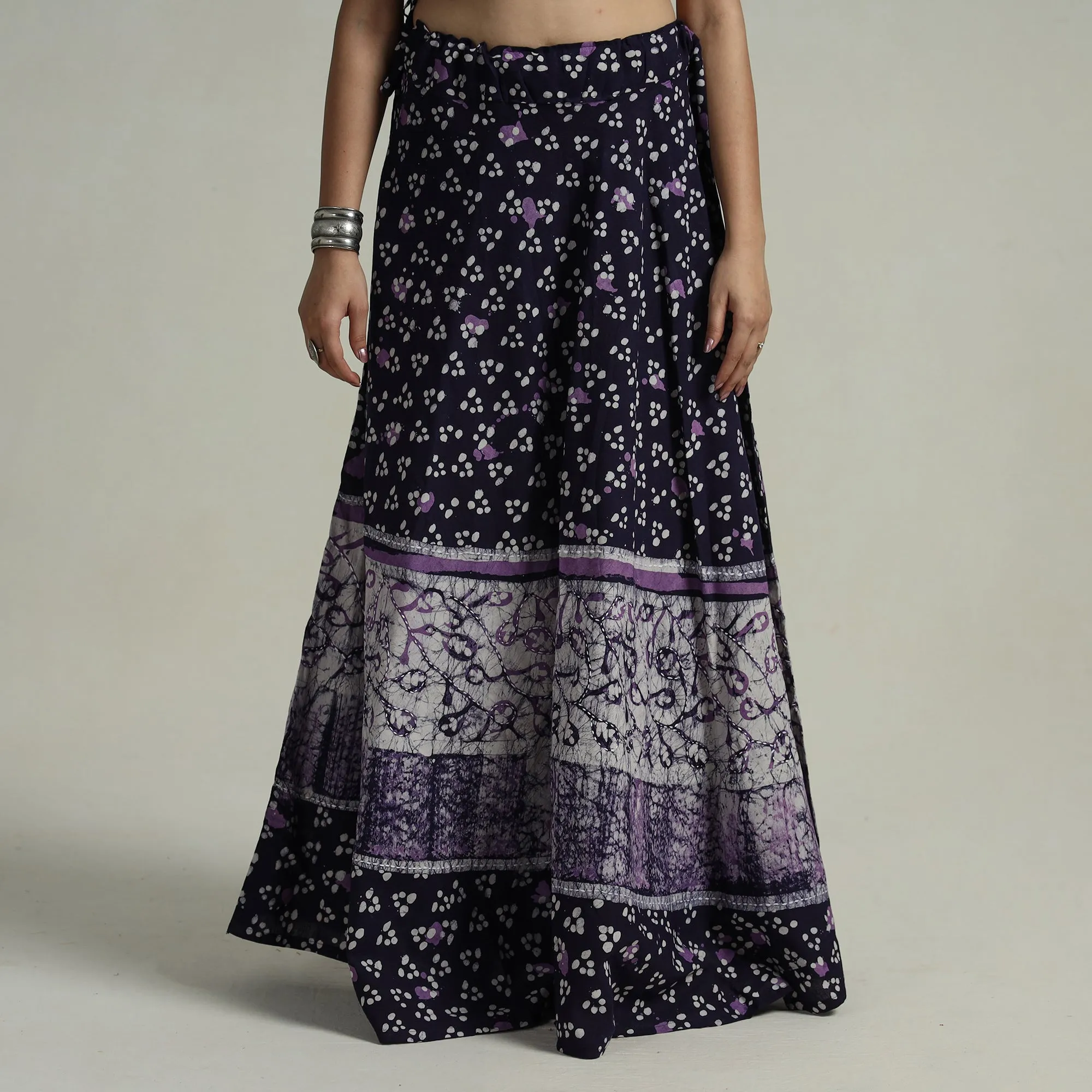 Blue - Hand Batik Printed Running Stitch Cotton Long Skirt 82