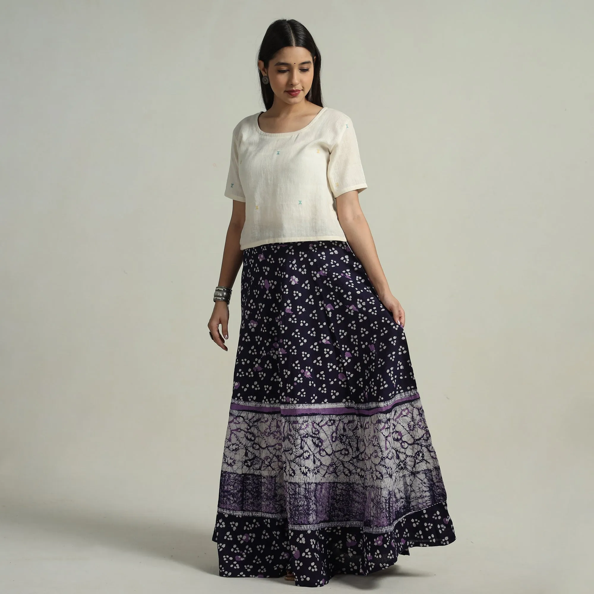 Blue - Hand Batik Printed Running Stitch Cotton Long Skirt 82