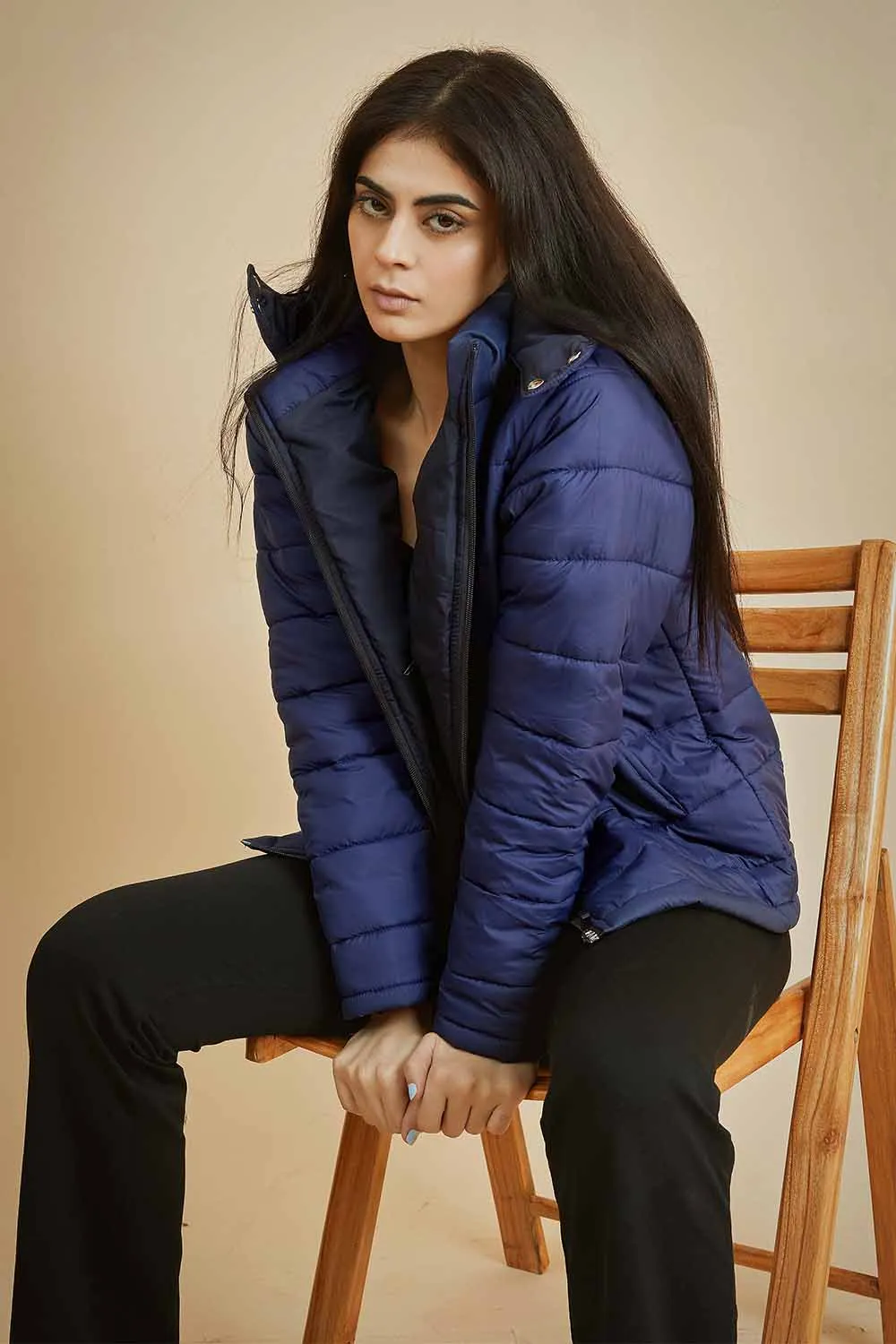 Blue Puffer Jacket with Removable Hood - W