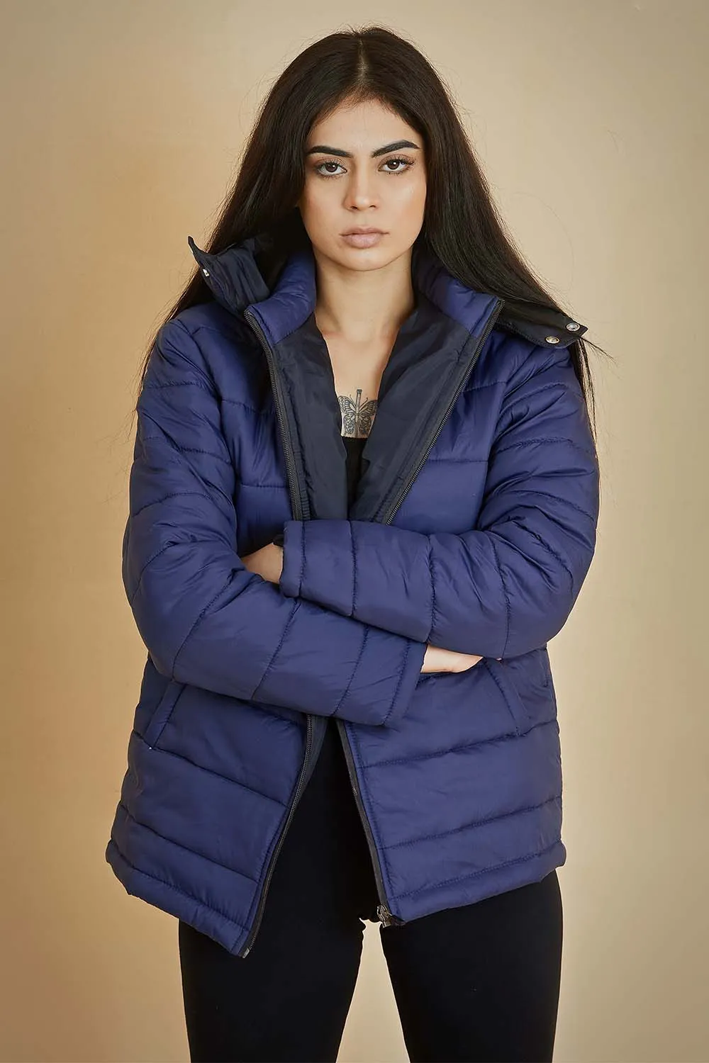 Blue Puffer Jacket with Removable Hood - W