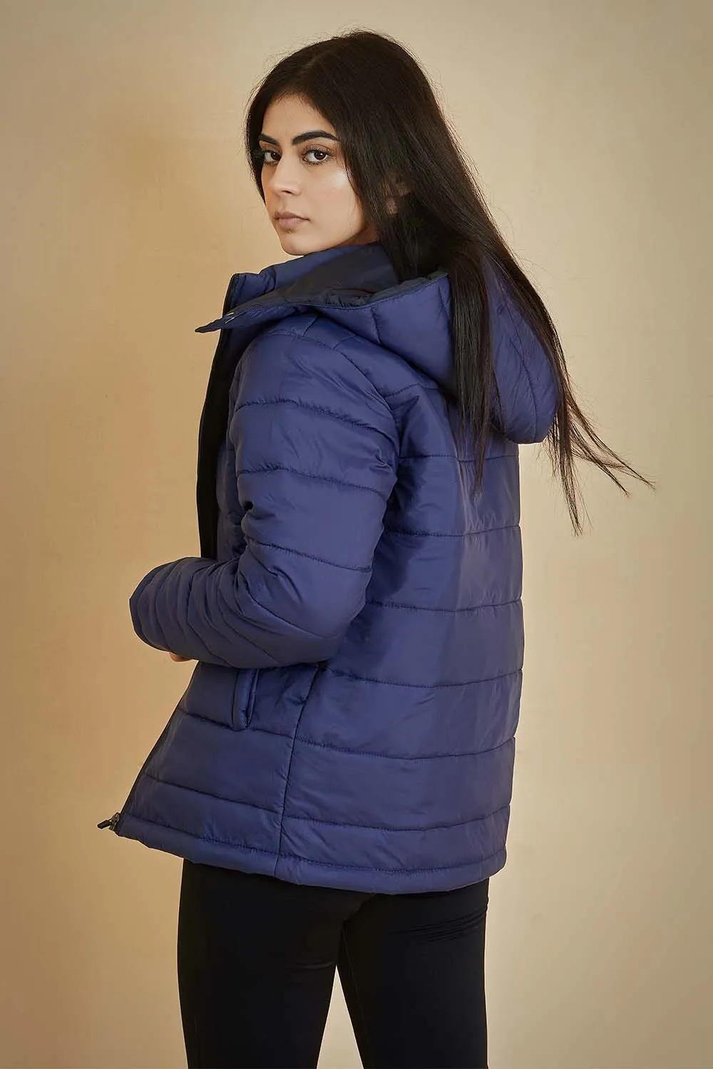 Blue Puffer Jacket with Removable Hood - W