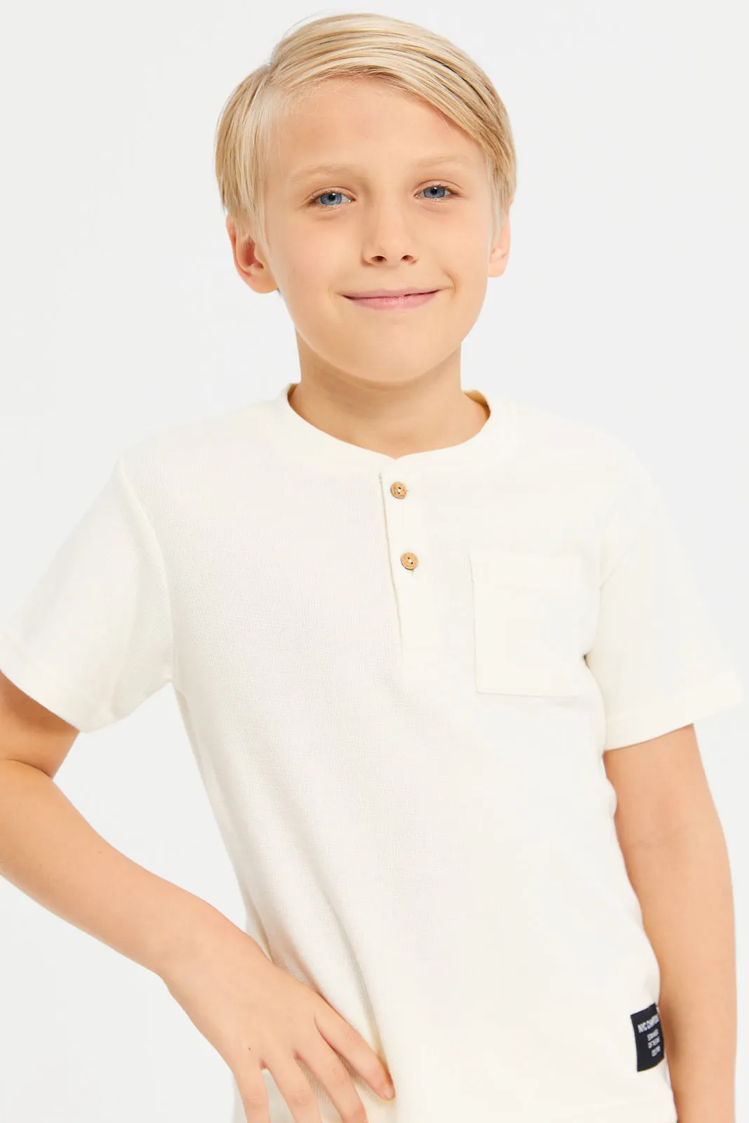 Boys Ecru Henley Ribbed T-Shirt