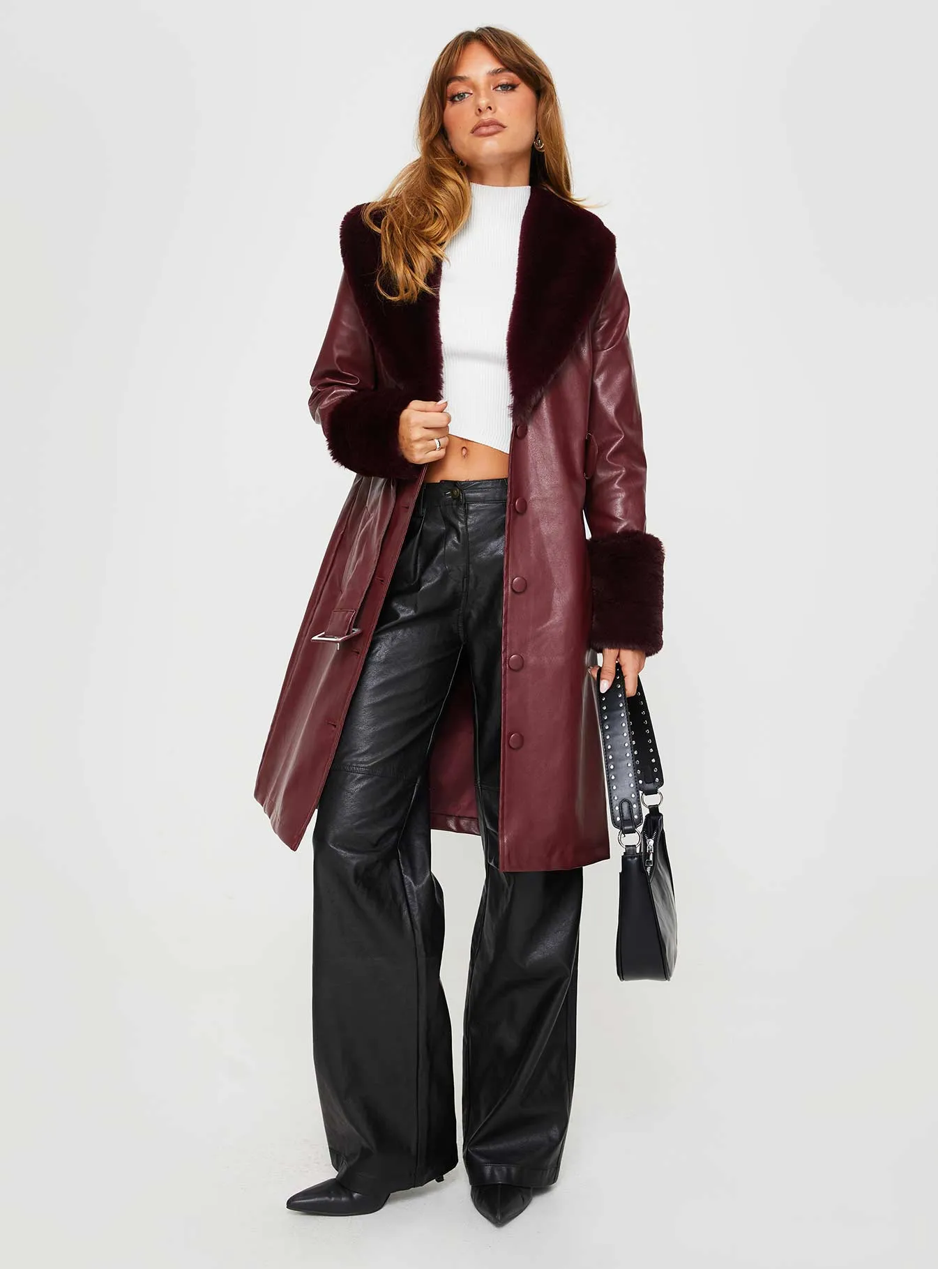 Brooklyn Faux Leather Longline Coat Burgundy