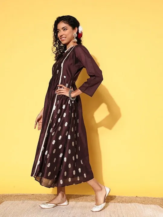 Brown Ethnic Motifs Zari Midi Dress