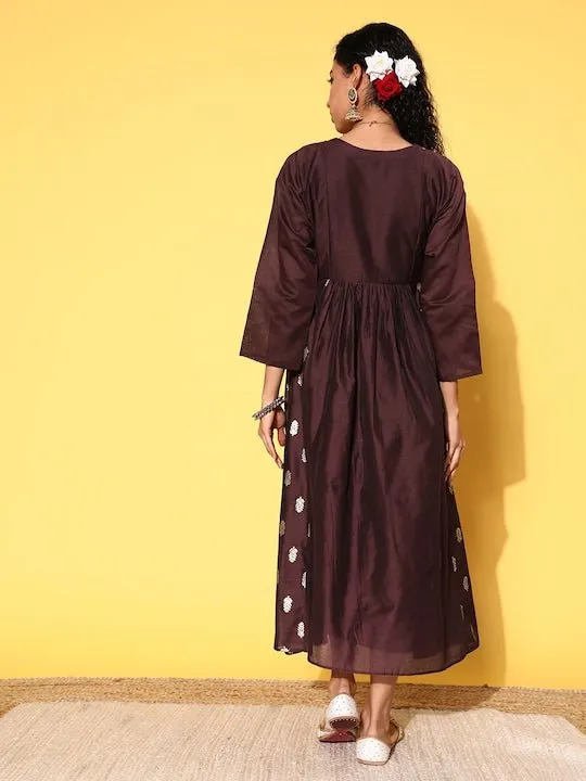 Brown Ethnic Motifs Zari Midi Dress