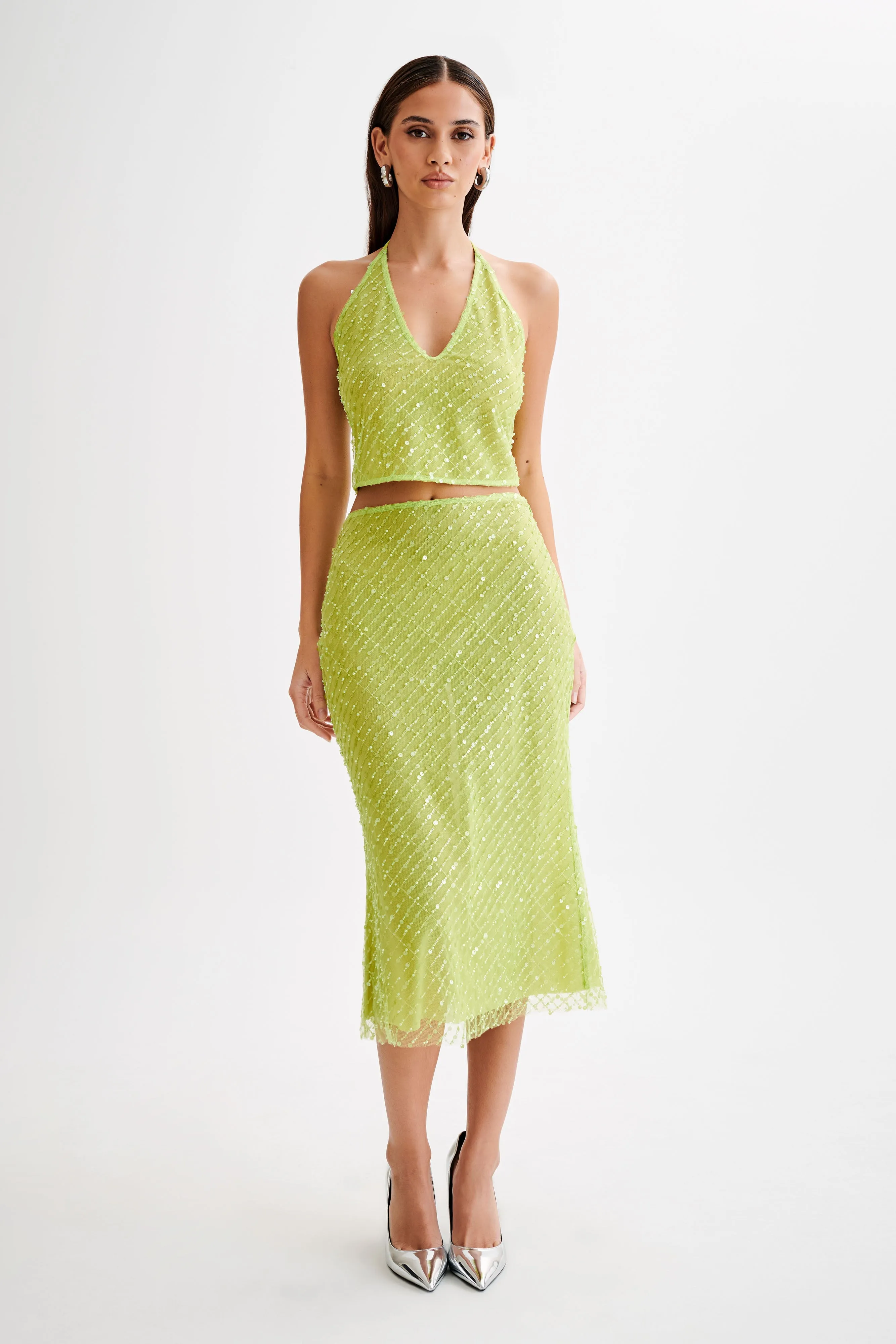 Brynne Sequin Midi Skirt - Parakeet Green