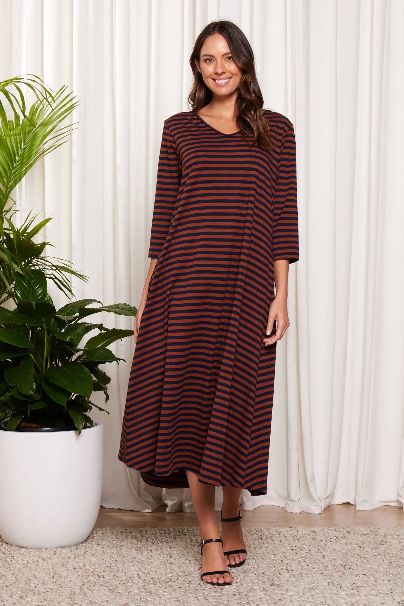 Cameron Dress - Brown/Navy Stripe