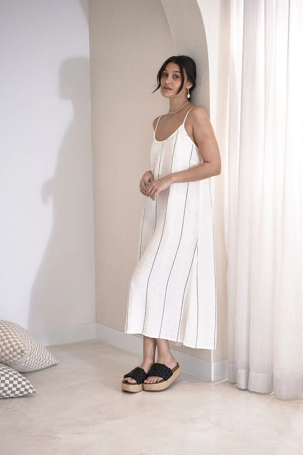 Carter Fundamental Linen Midi - Off White w' Charcoal Fine Stripe