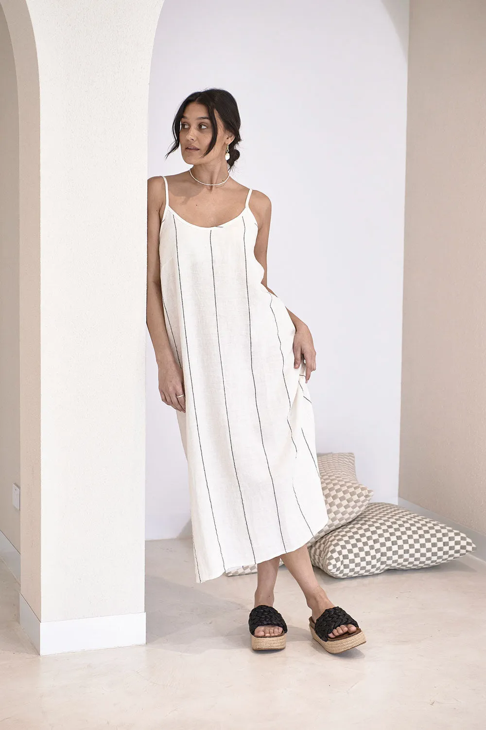 Carter Fundamental Linen Midi - Off White w' Charcoal Fine Stripe