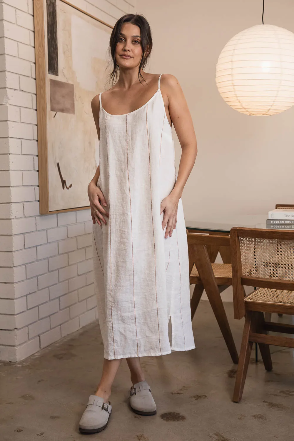 Carter Fundamental Linen Midi - Off White w' Nutmeg Fine Stripe