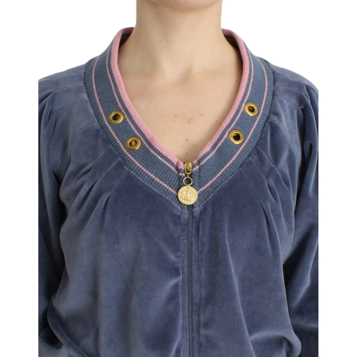 Cavalli Elegant Blue Zip Cardigan with Gold Details