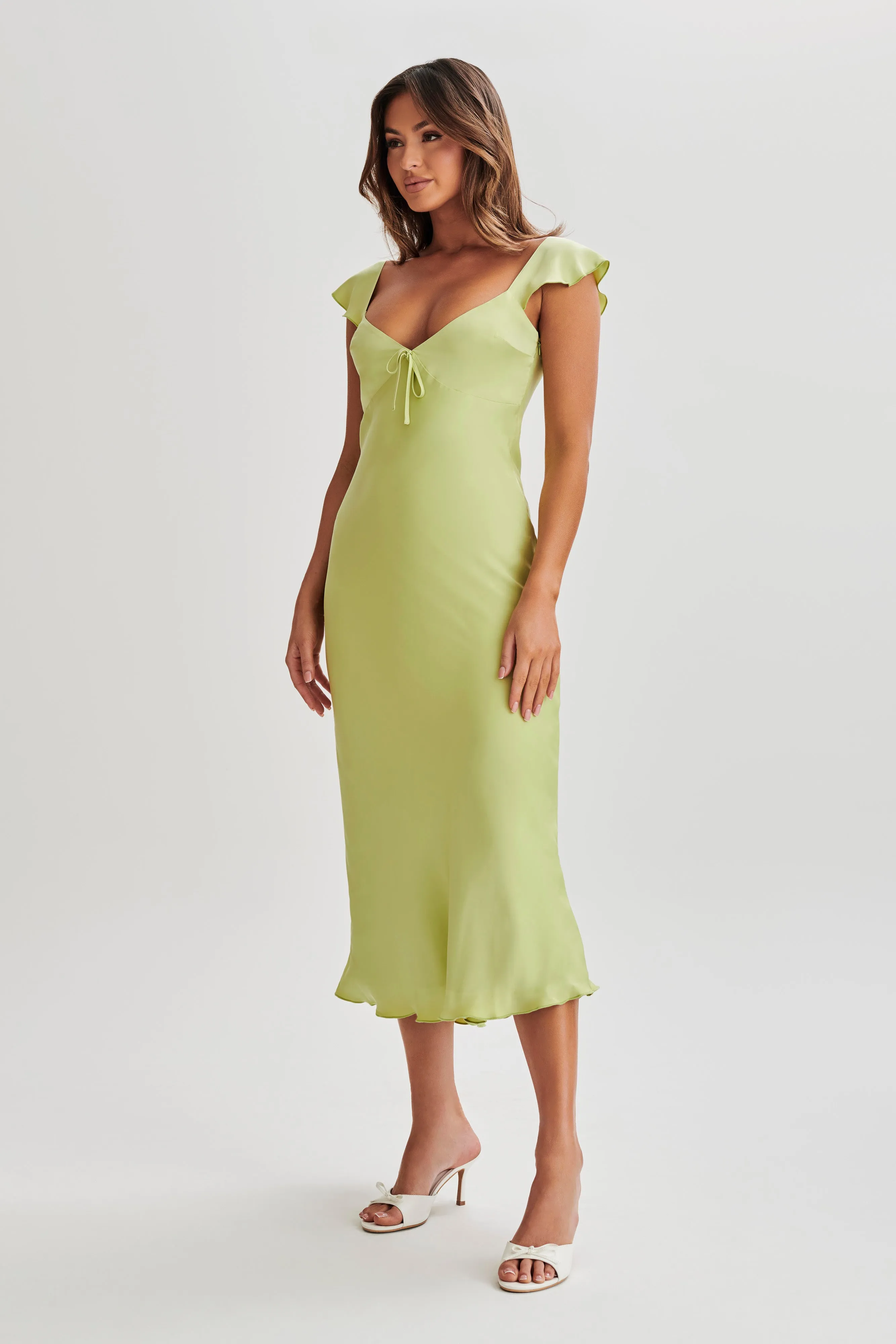 Chantal Short Sleeve Satin Midi Dress - Apple