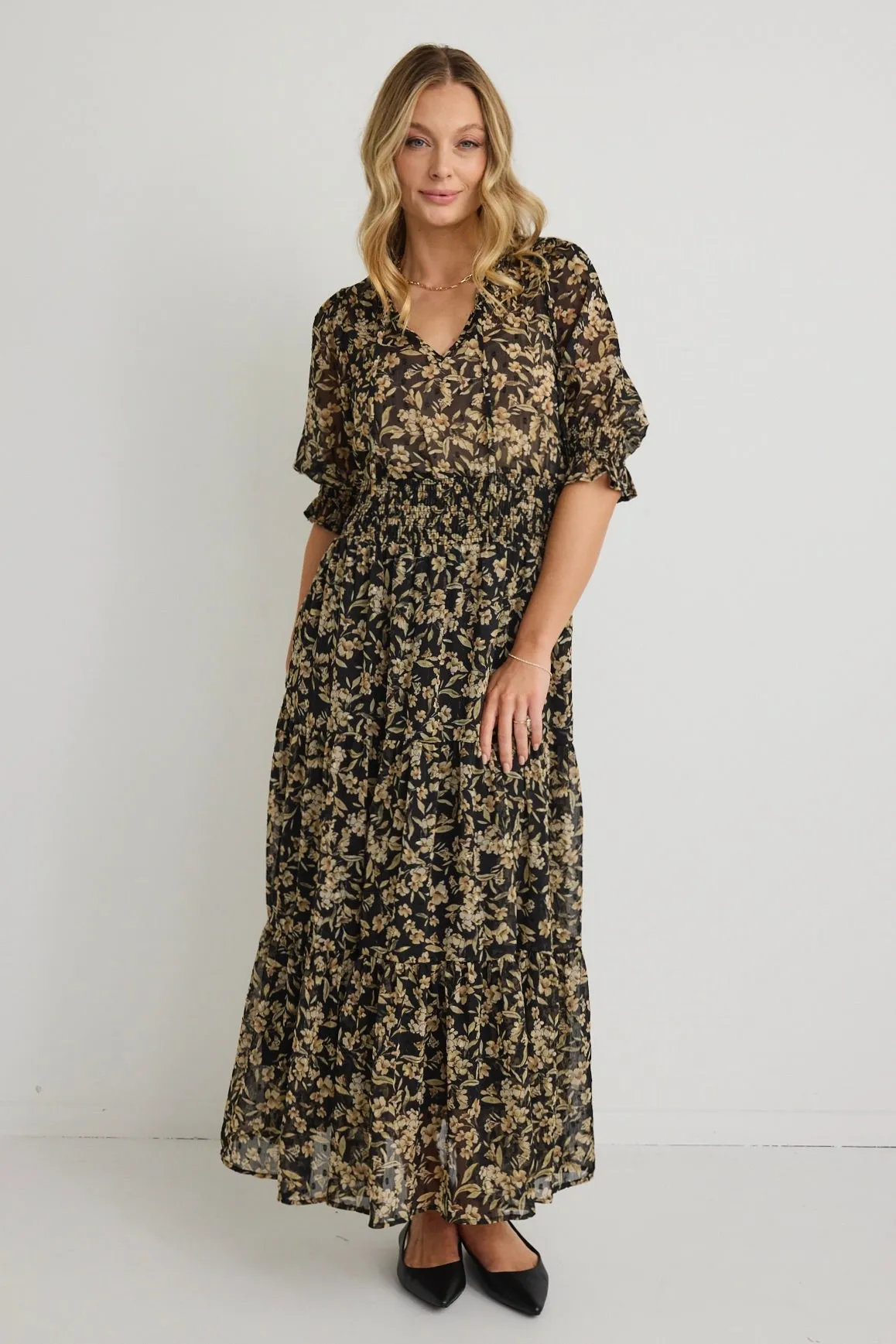 Charlie Black Gold Floral SS V Neck Tiered Midi Dress