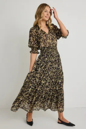 Charlie Black Gold Floral SS V Neck Tiered Midi Dress