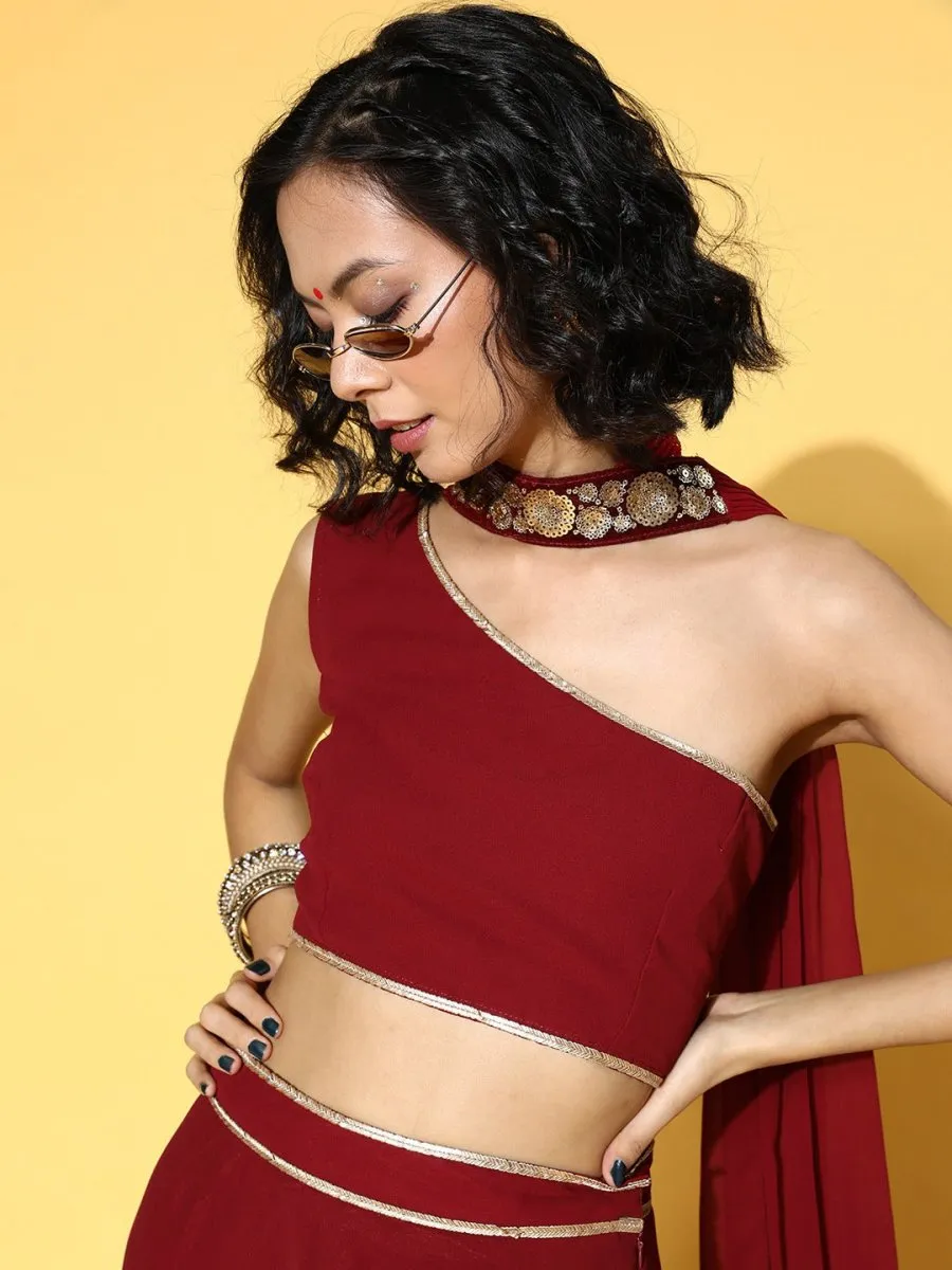 Charming Maroon Solid Semi-Stitched Lehenga Choli with Dupatta