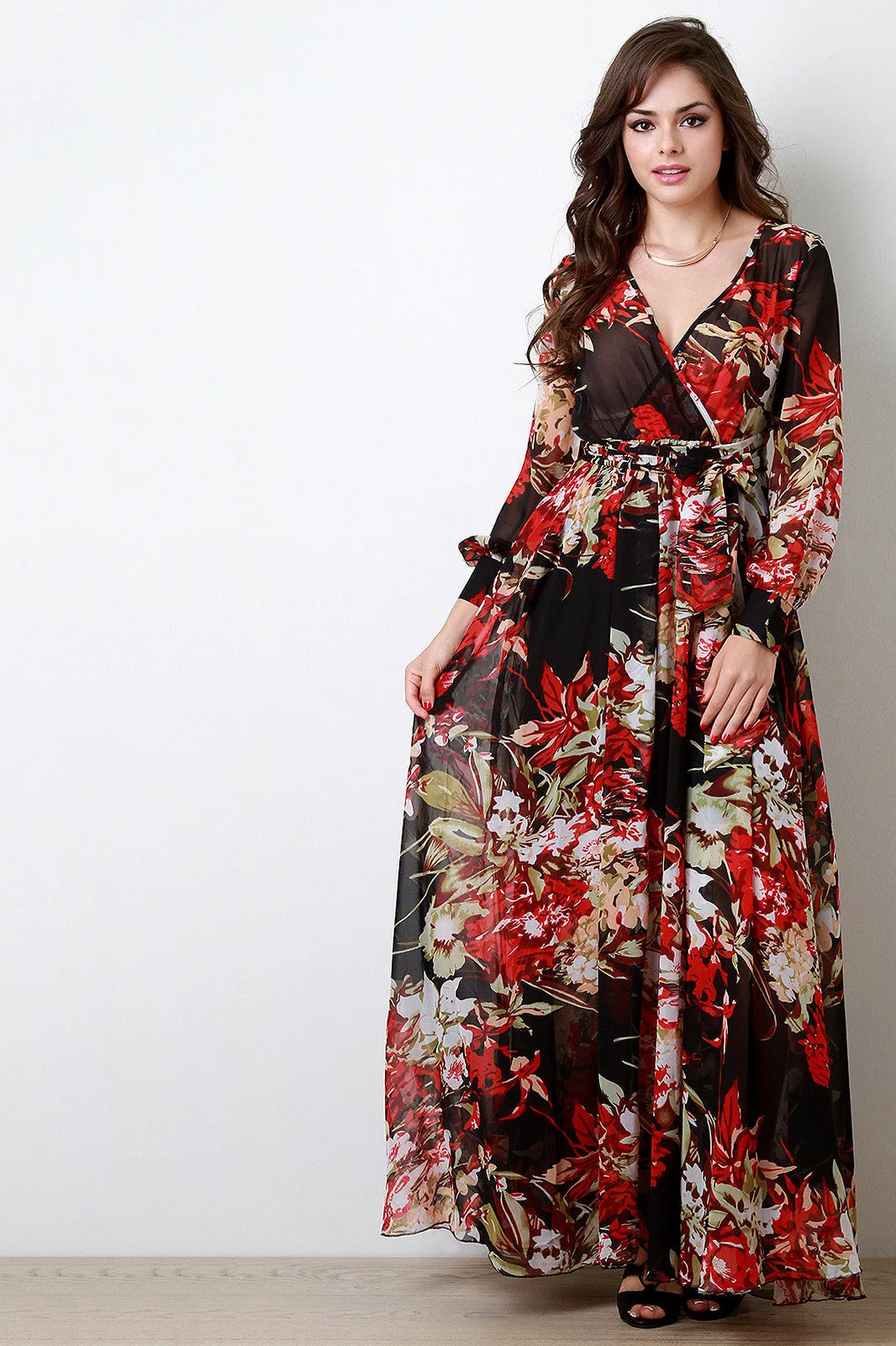 Chiffon Floral Print Surplice Maxi Dress