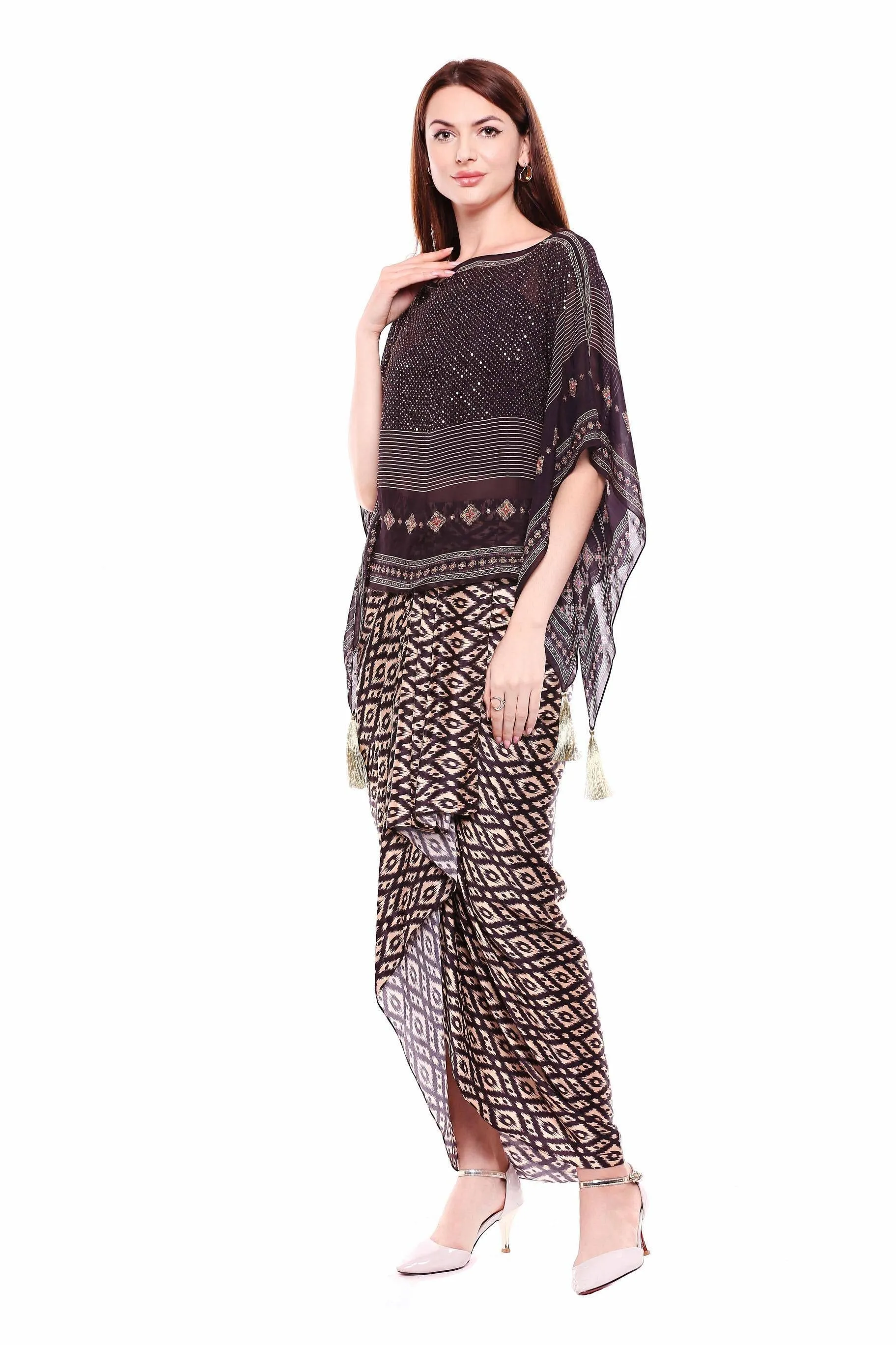 Chiffon kaftan top with antique gold Zardosi embroidery top with Ikkat print drape skirt