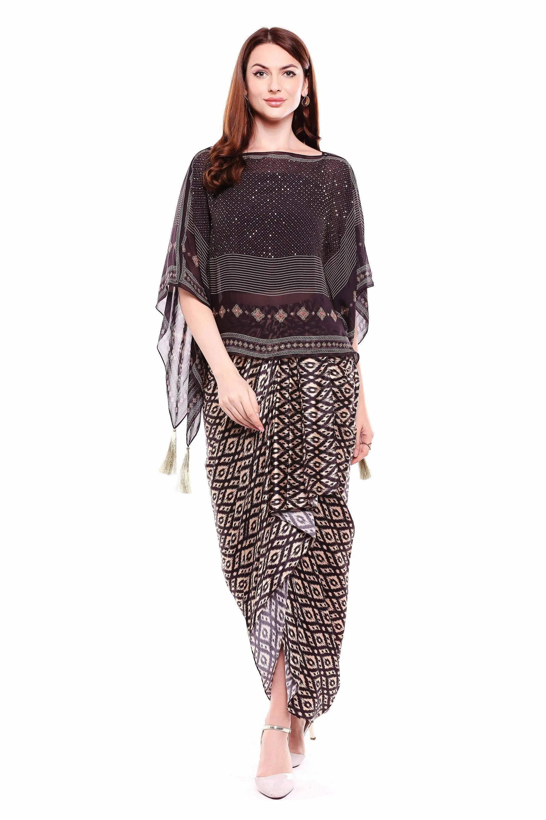 Chiffon kaftan top with antique gold Zardosi embroidery top with Ikkat print drape skirt