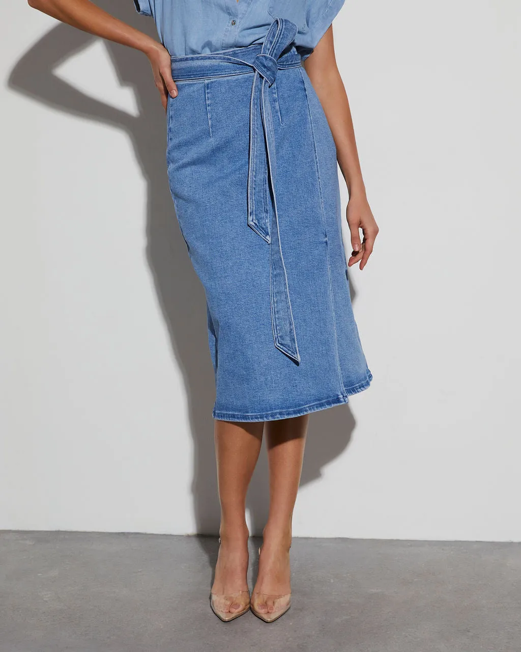 Class Act Denim Wrap Midi Skirt