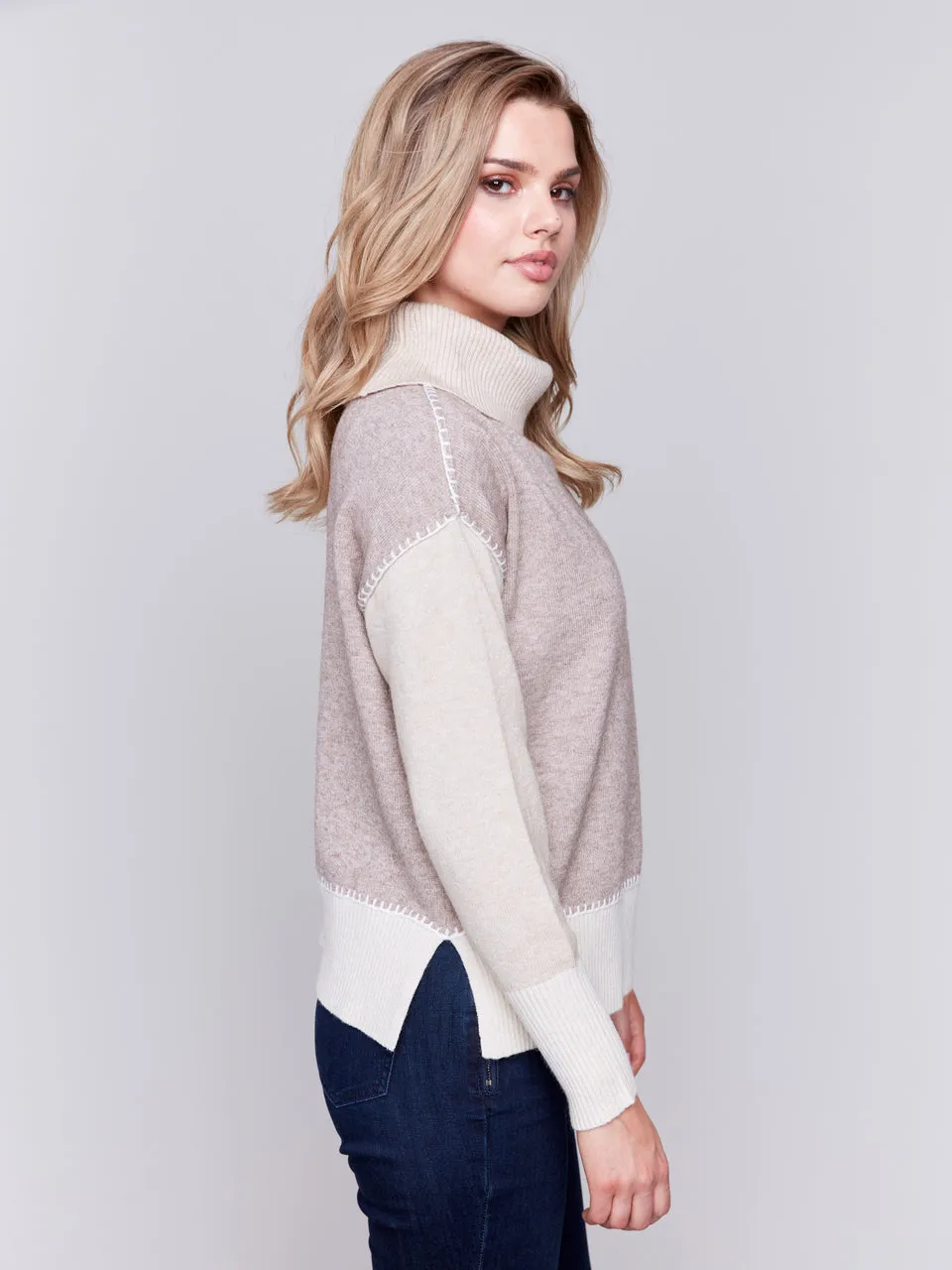 Color-Block Cowl Neck Sweater