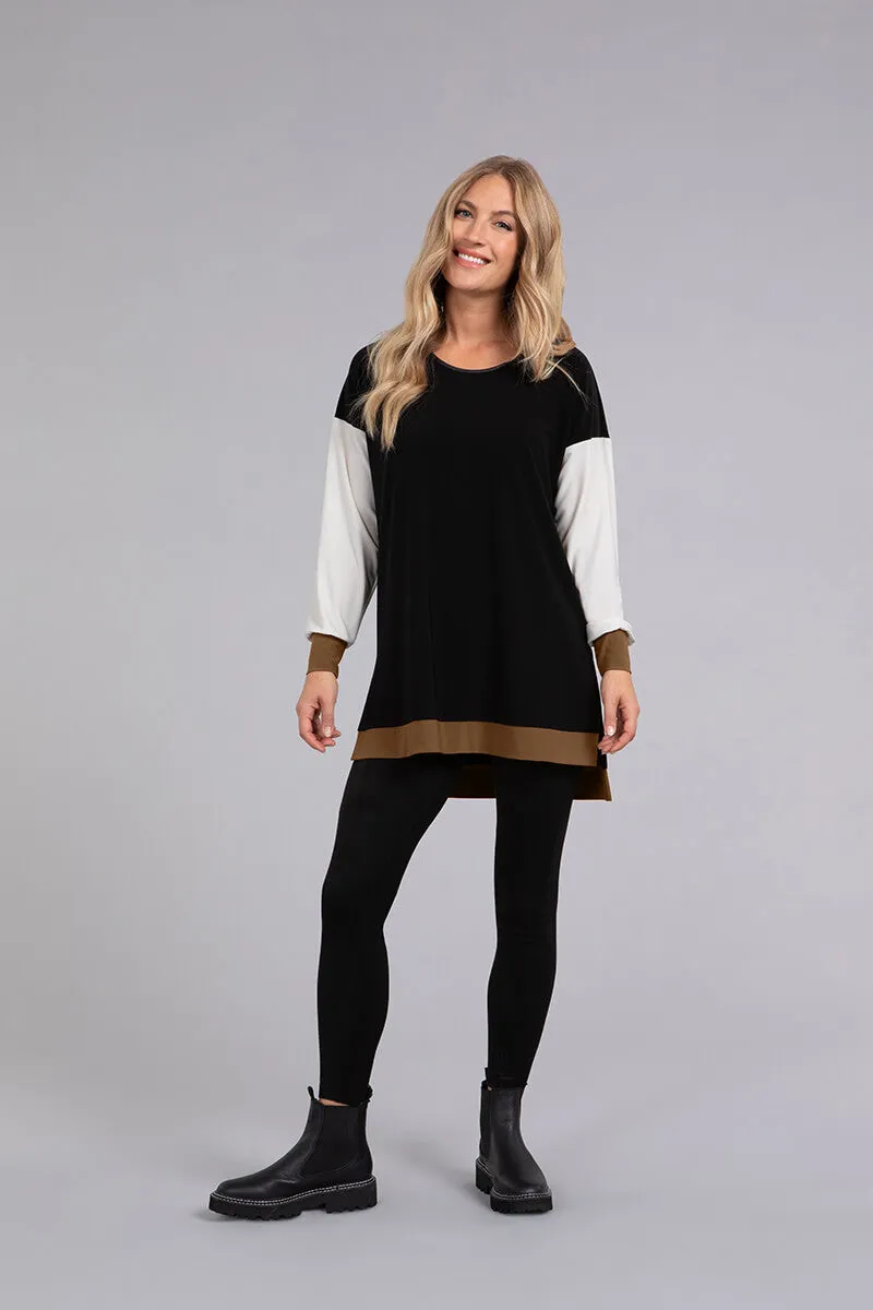 Colour Block Step Hem Tunic | Black/Ivory/Tobacco