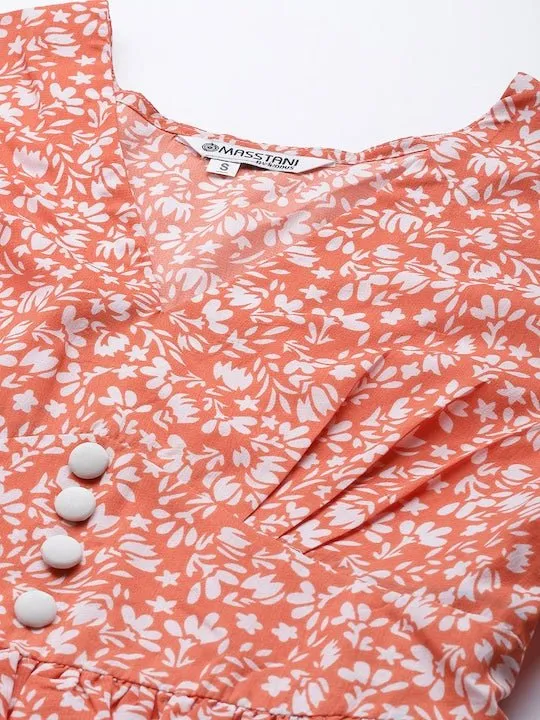 Coral Orange & White Floral Print A-Line Midi Dress