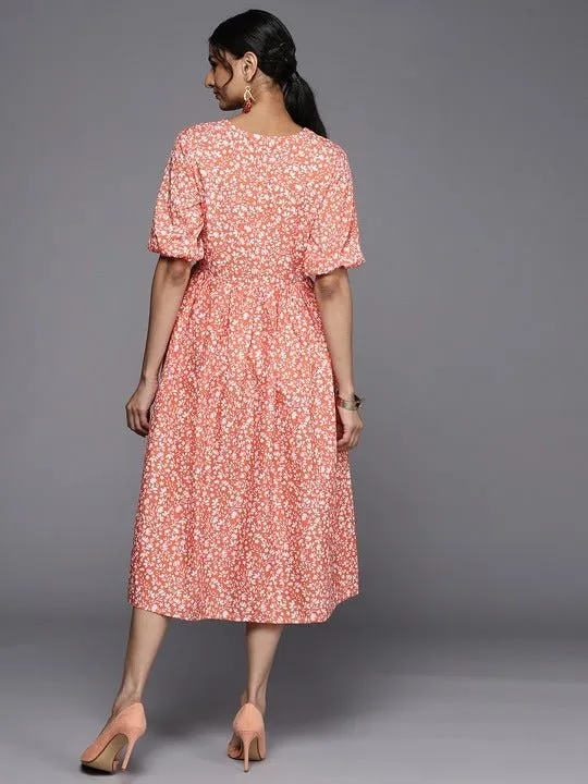 Coral Orange & White Floral Print A-Line Midi Dress