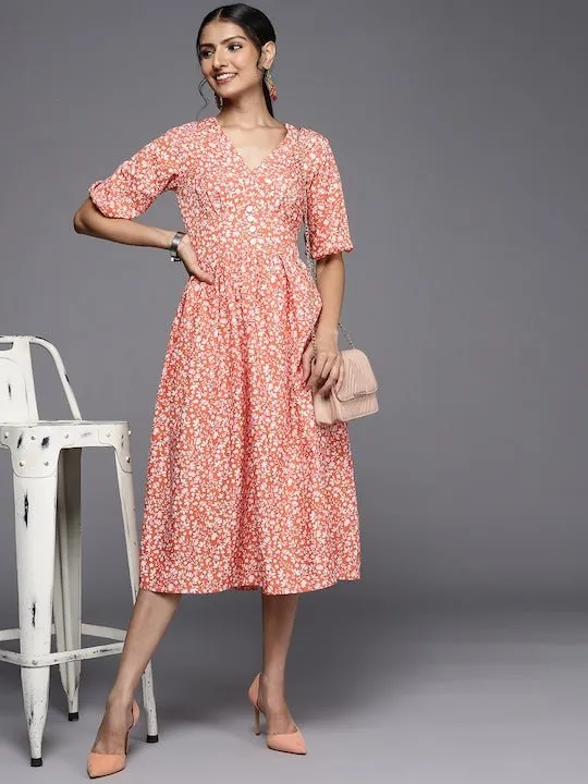 Coral Orange & White Floral Print A-Line Midi Dress