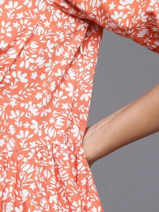 Coral Orange & White Floral Print A-Line Midi Dress