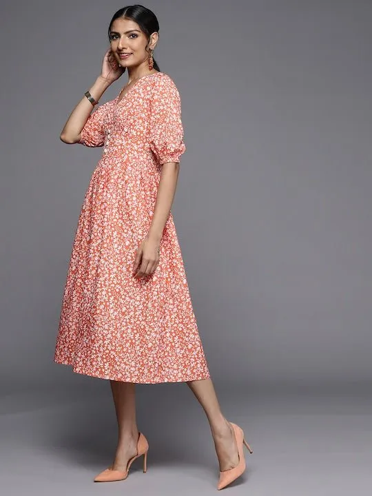 Coral Orange & White Floral Print A-Line Midi Dress