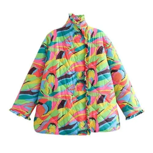 Covered Buttons Ruffles Winter Parkas Women Thick Multicolor Long Coat