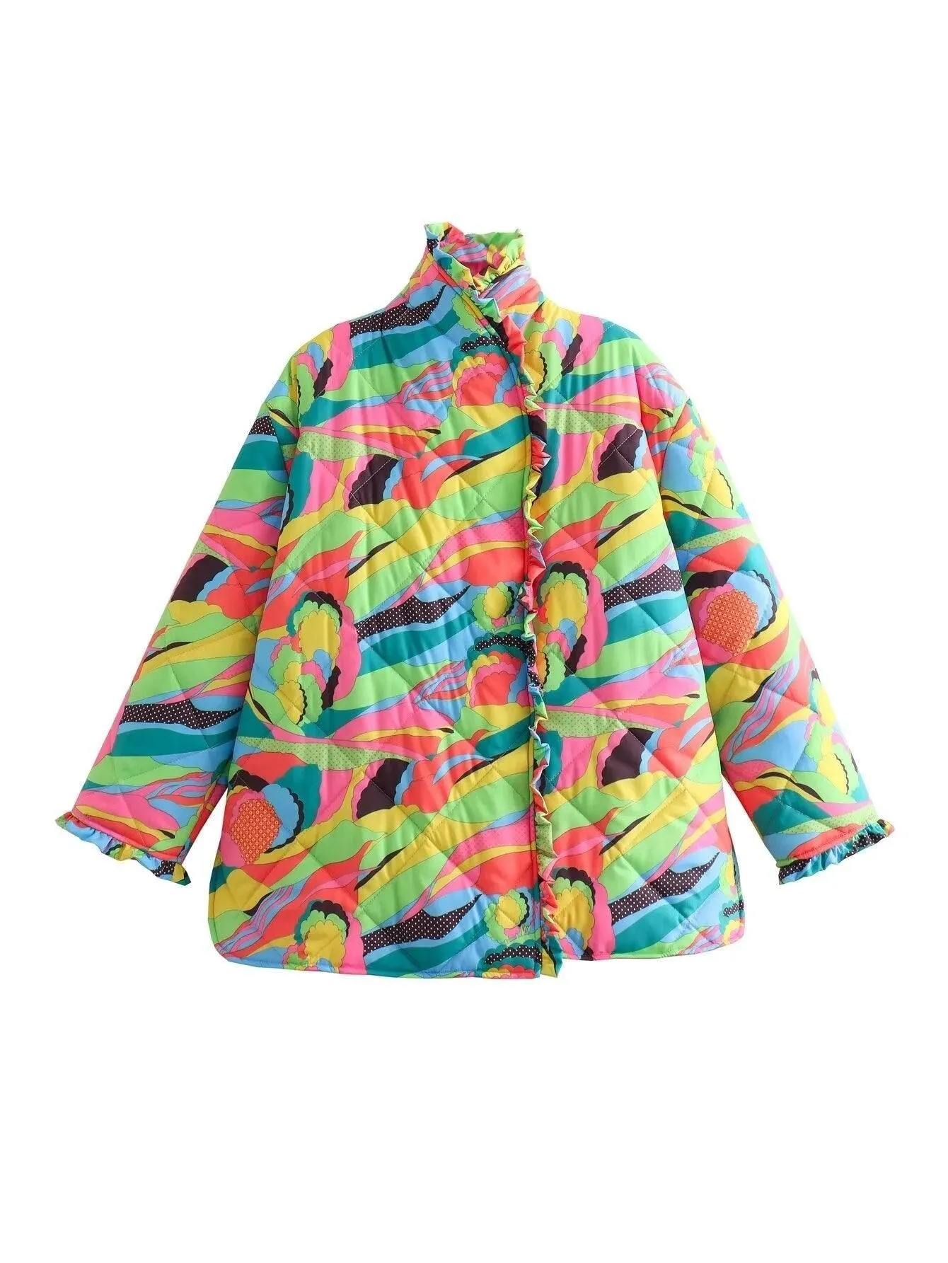 Covered Buttons Ruffles Winter Parkas Women Thick Multicolor Long Coat